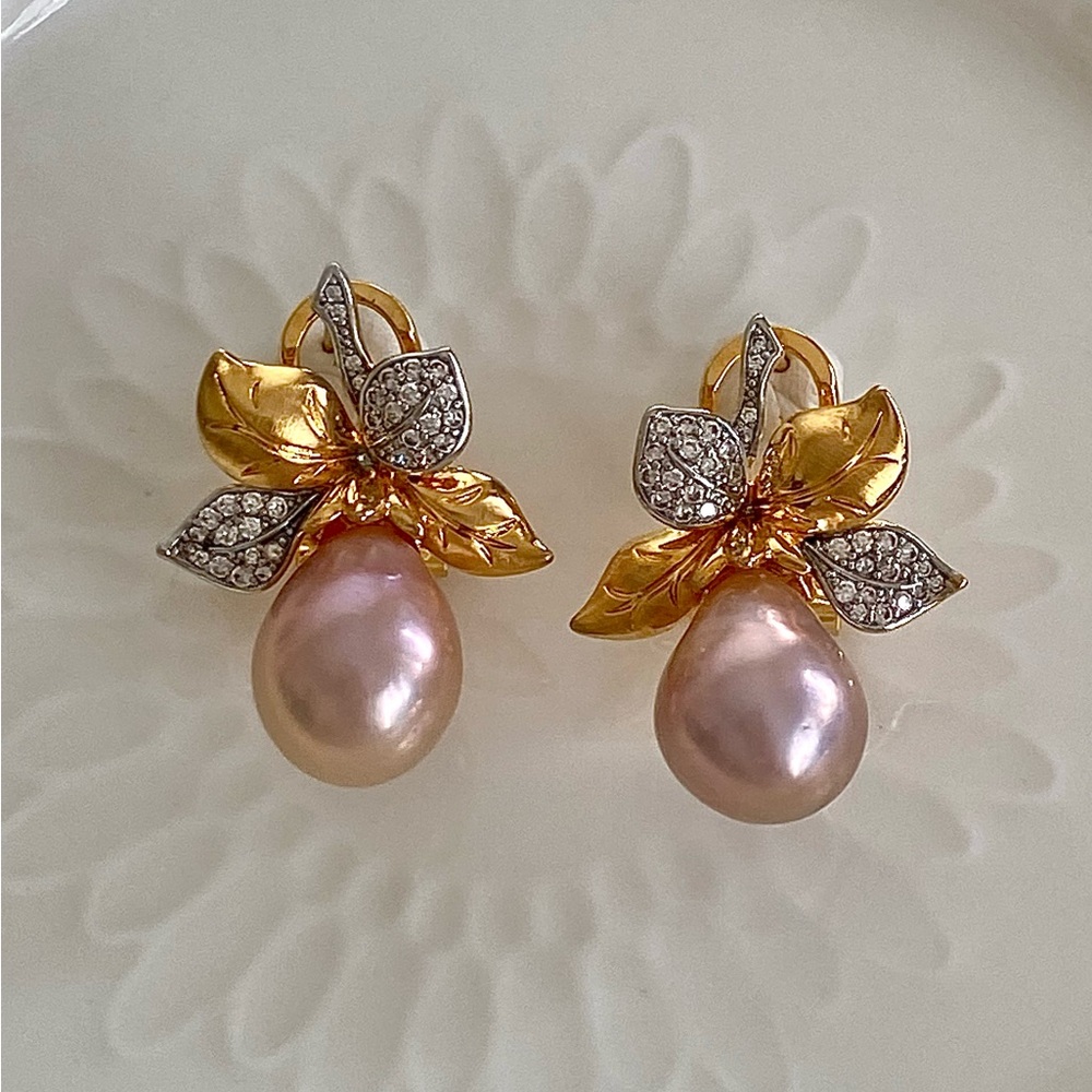 E63-Handmade Pink Edison Pesarl Two Tone Earring - Picture 4 of 9